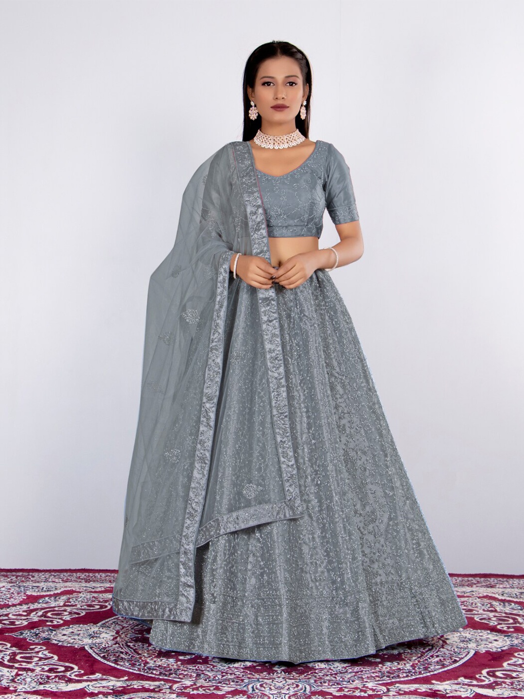 

HALFSAREE STUDIO Floral Embroidered Semi-Stitched Lehenga & Unstitched Blouse With Dupatta, Grey