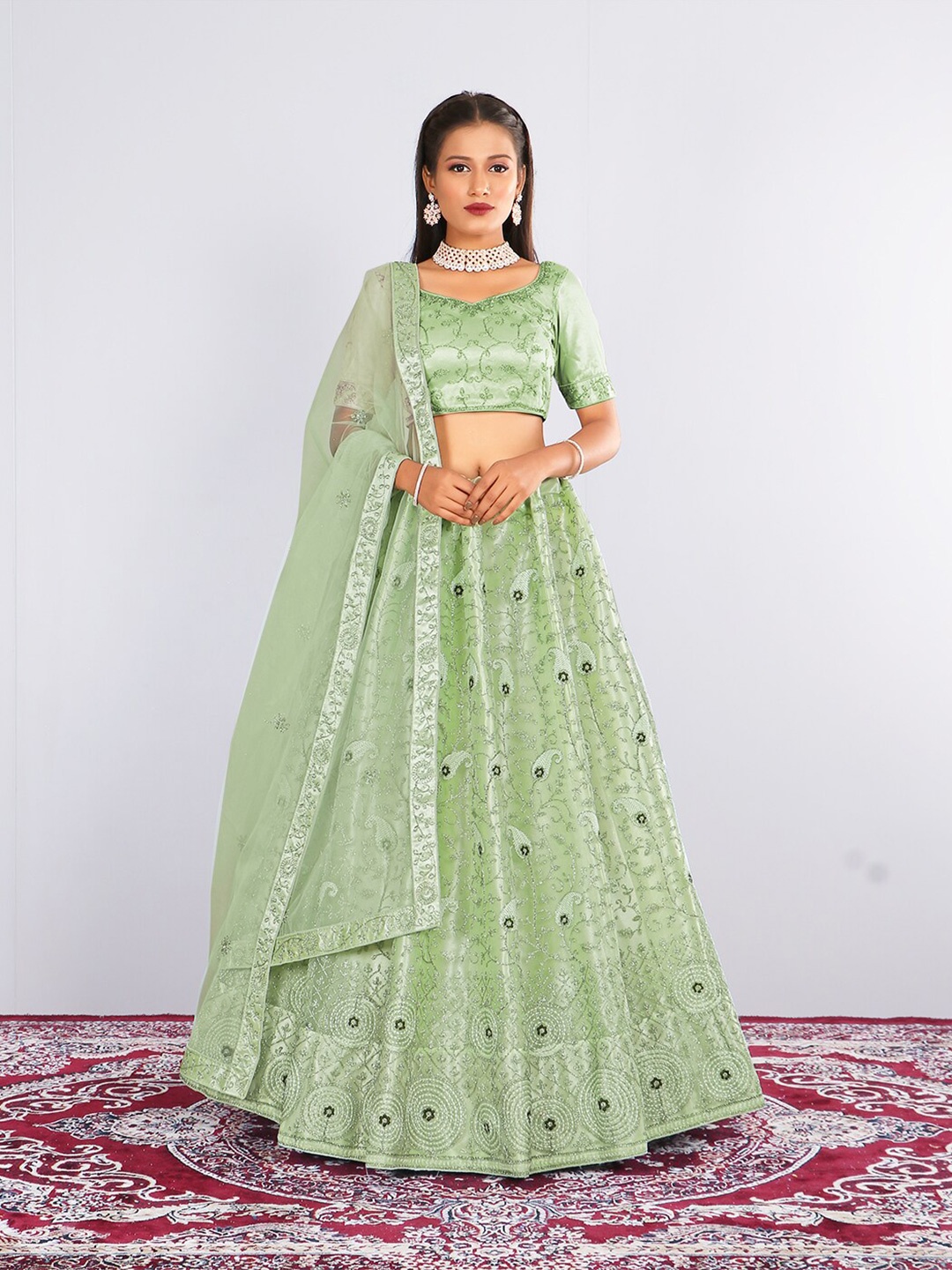 

HALFSAREE STUDIO Embroidered Semi-Stitched Lehenga & Unstitched Blouse With Dupatta, Green