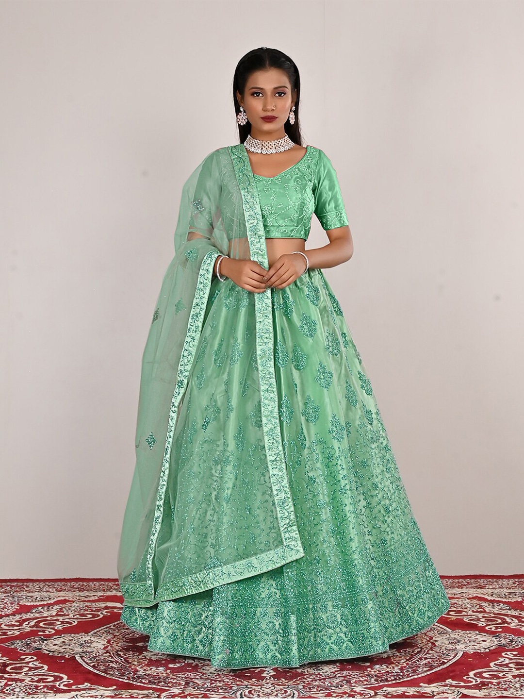 

HALFSAREE STUDIO Ethnic Motif Embroidered Semi-Stitched Lehenga & Blouse With Dupatta, Green