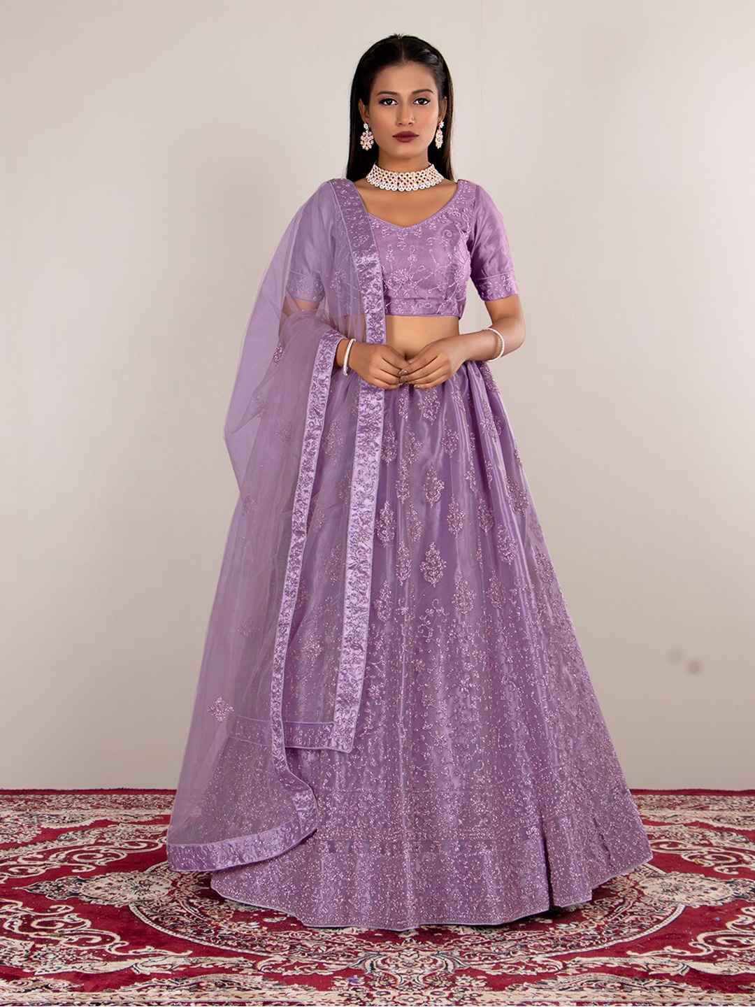 

HALFSAREE STUDIO Embroidered Semi-Stitched Lehenga & Unstitched Blouse With Dupatta, Purple