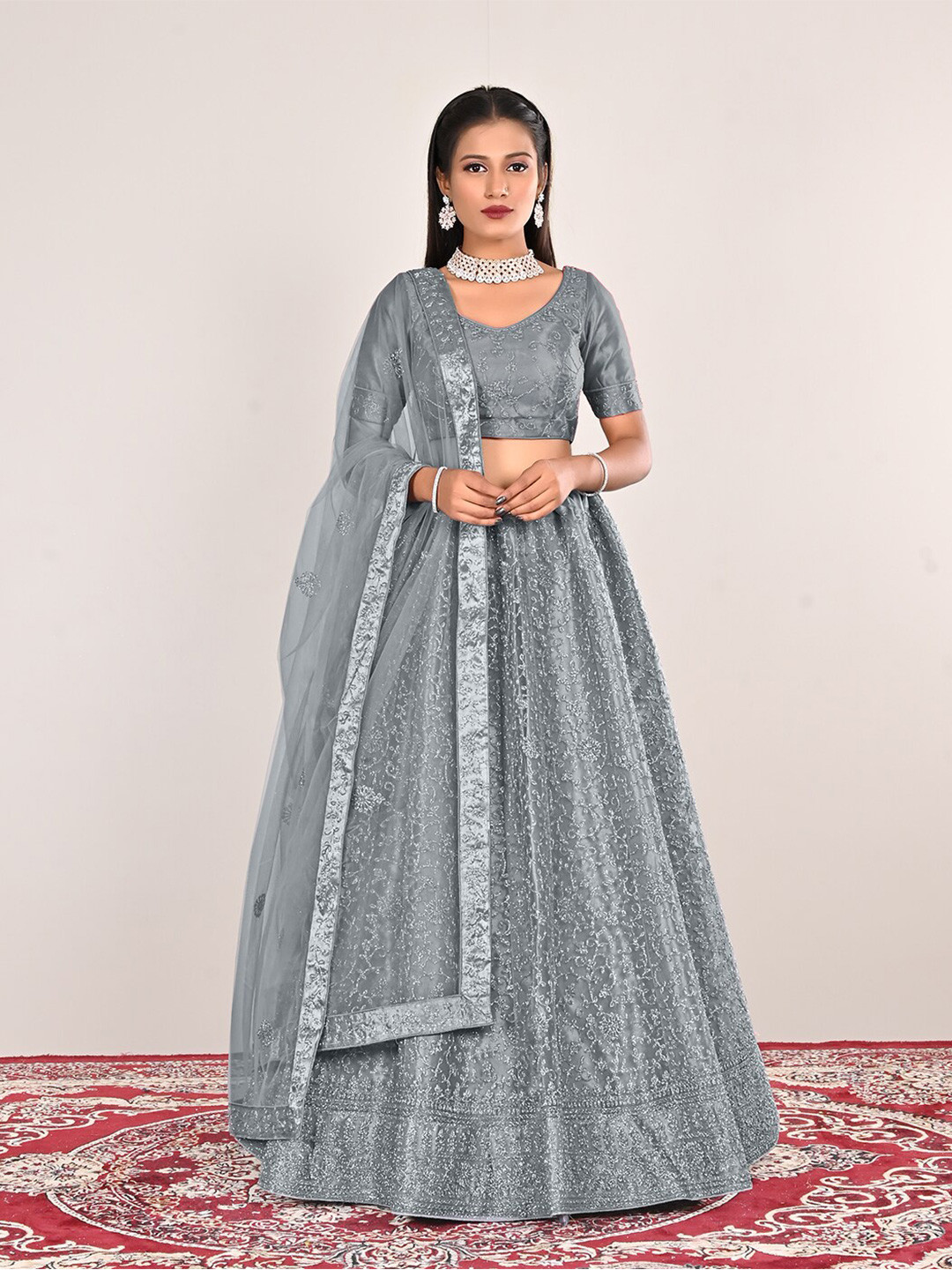 

HALFSAREE STUDIO Embroidered Semi-Stitched Lehenga & Unstitched Blouse With Dupatta, Grey