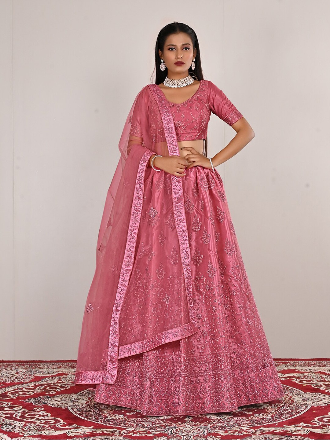 

HALFSAREE STUDIO Ethnic Motif Embroidered Semi-Stitched Lehenga & Blouse With Dupatta, Pink