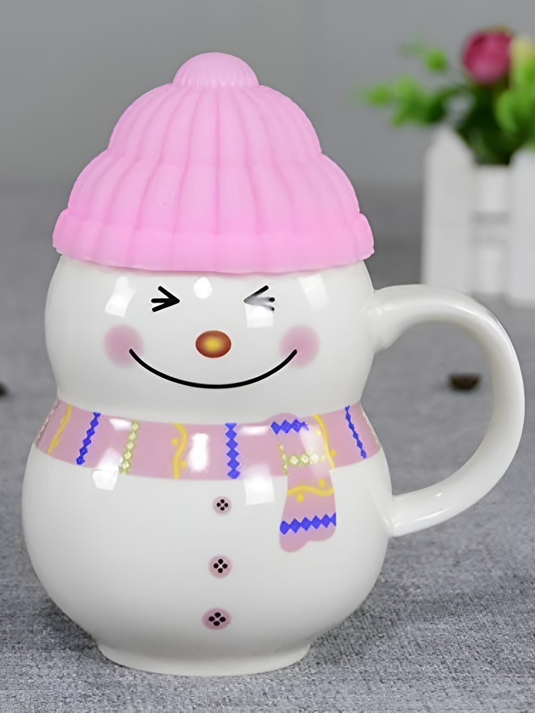 

Satyam Kraft 1 Pc Snowman Shape Random Ceramic Mug with Lid, Pink