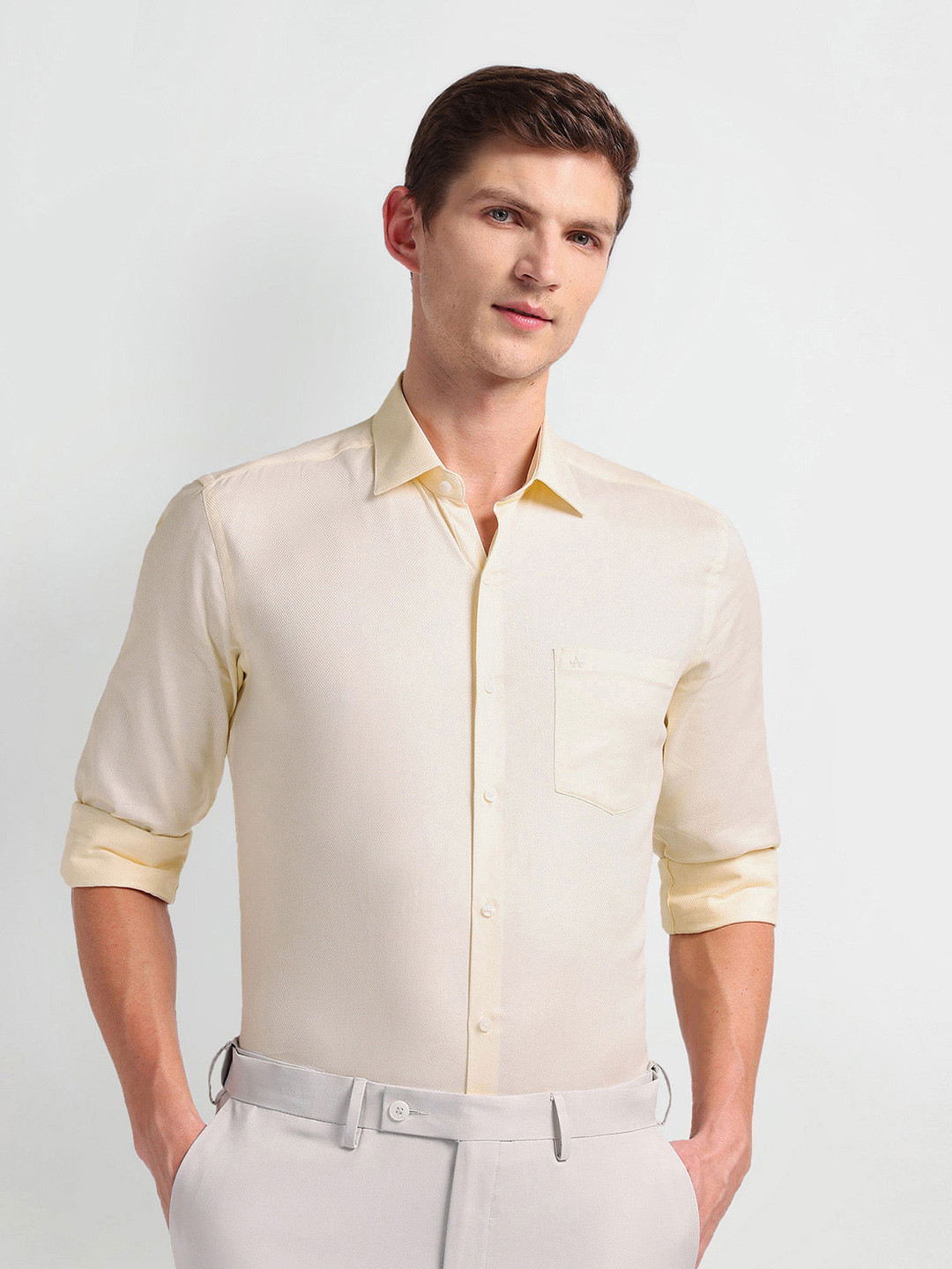 

Arrow Manhattan Spread Collar Long Sleeves Slim Fit Opaque Formal Shirt, Yellow