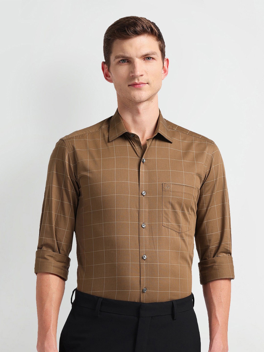 

Arrow Spread Collar Long Sleeves Tartan Checks Slim Fit Opaque Checked Autopress Formal Shirt, Beige
