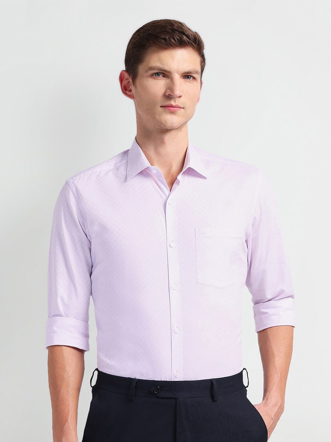 

Arrow Spread Collar Long Sleeves Textured Regular Fit Opaque Formal Shirt, Purple