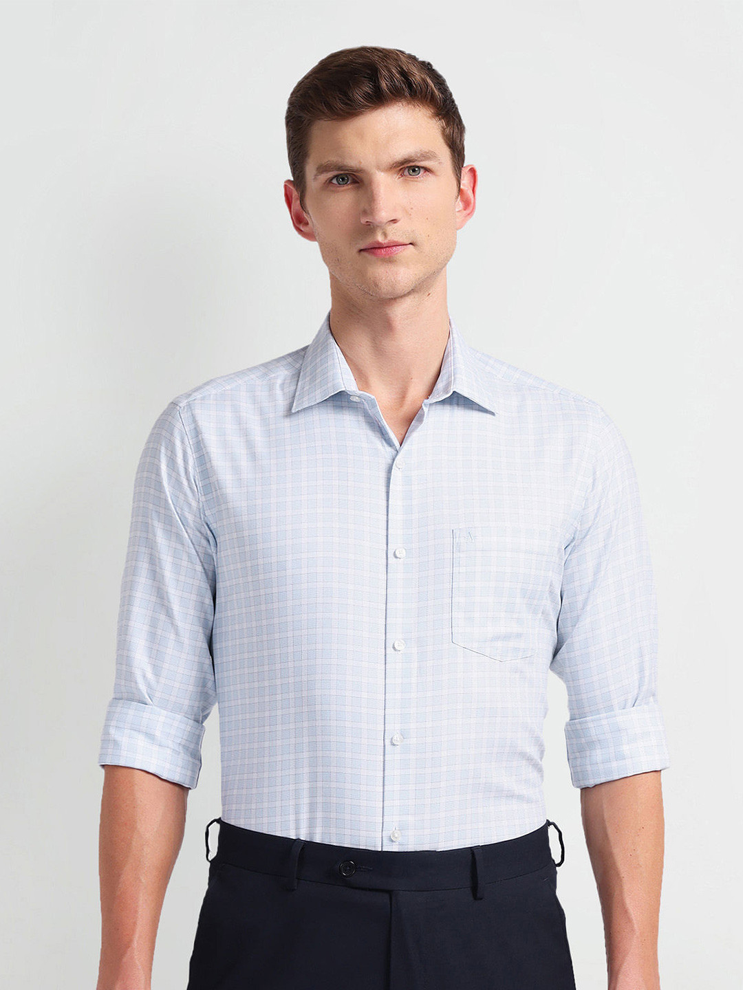 

Arrow Spread Collar Long Sleeves Other Checks Slim Fit Opaque Checked Autopress Formal Shirt, Blue
