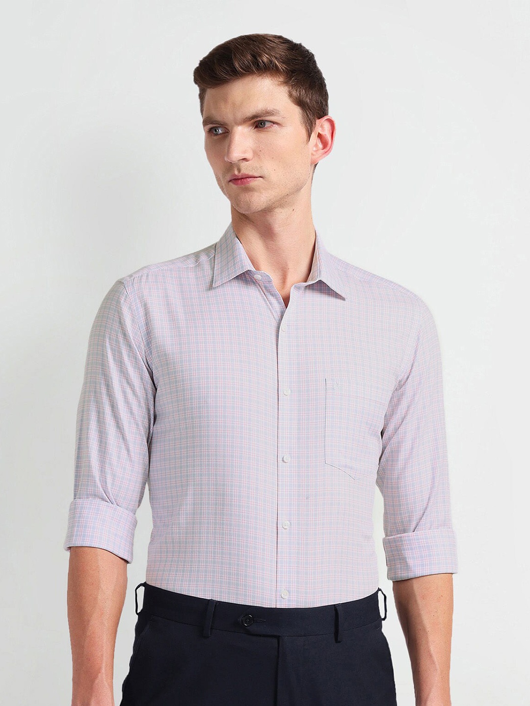 

Arrow Spread Collar Long Sleeves Tartan Checks Slim Fit Opaque Checked Formal Shirt, Blue