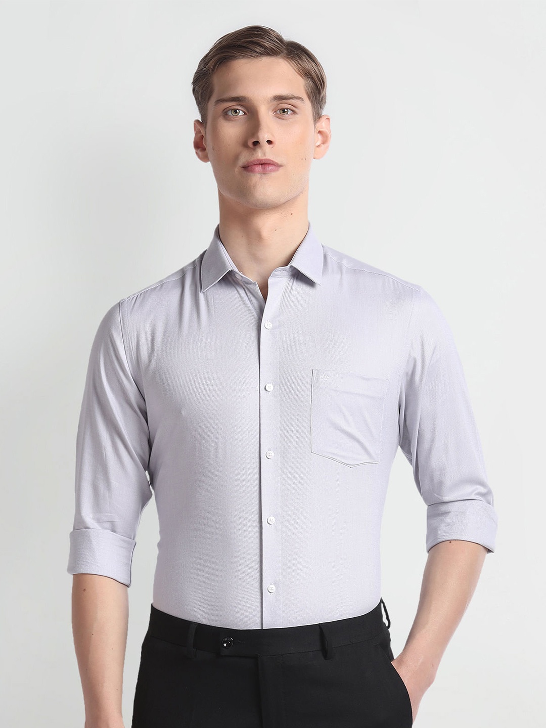 

Arrow Manhattan Slim Fit Geometric Self Design Spread Collar Formal Shirt, Grey