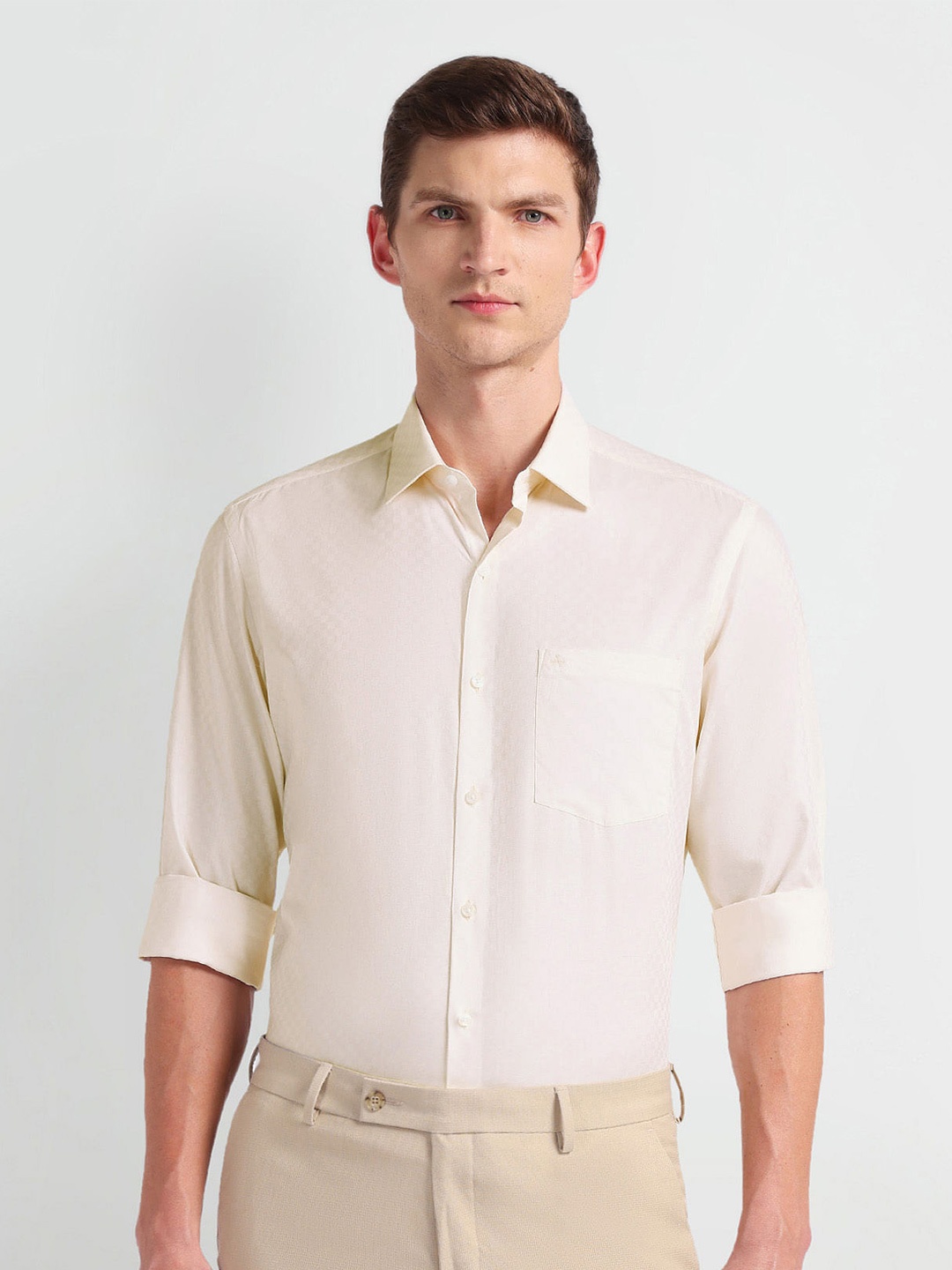 

Arrow Geometric Self Design Spread Collar Pure Cotton Formal Shirt, Yellow