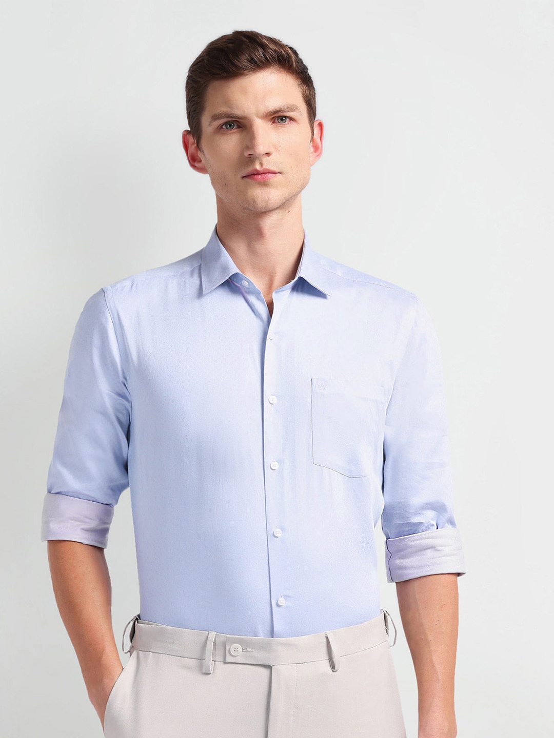 

Arrow Slim Fit Geometric Self Design Spread Collar Pure Cotton Formal Shirt, Blue