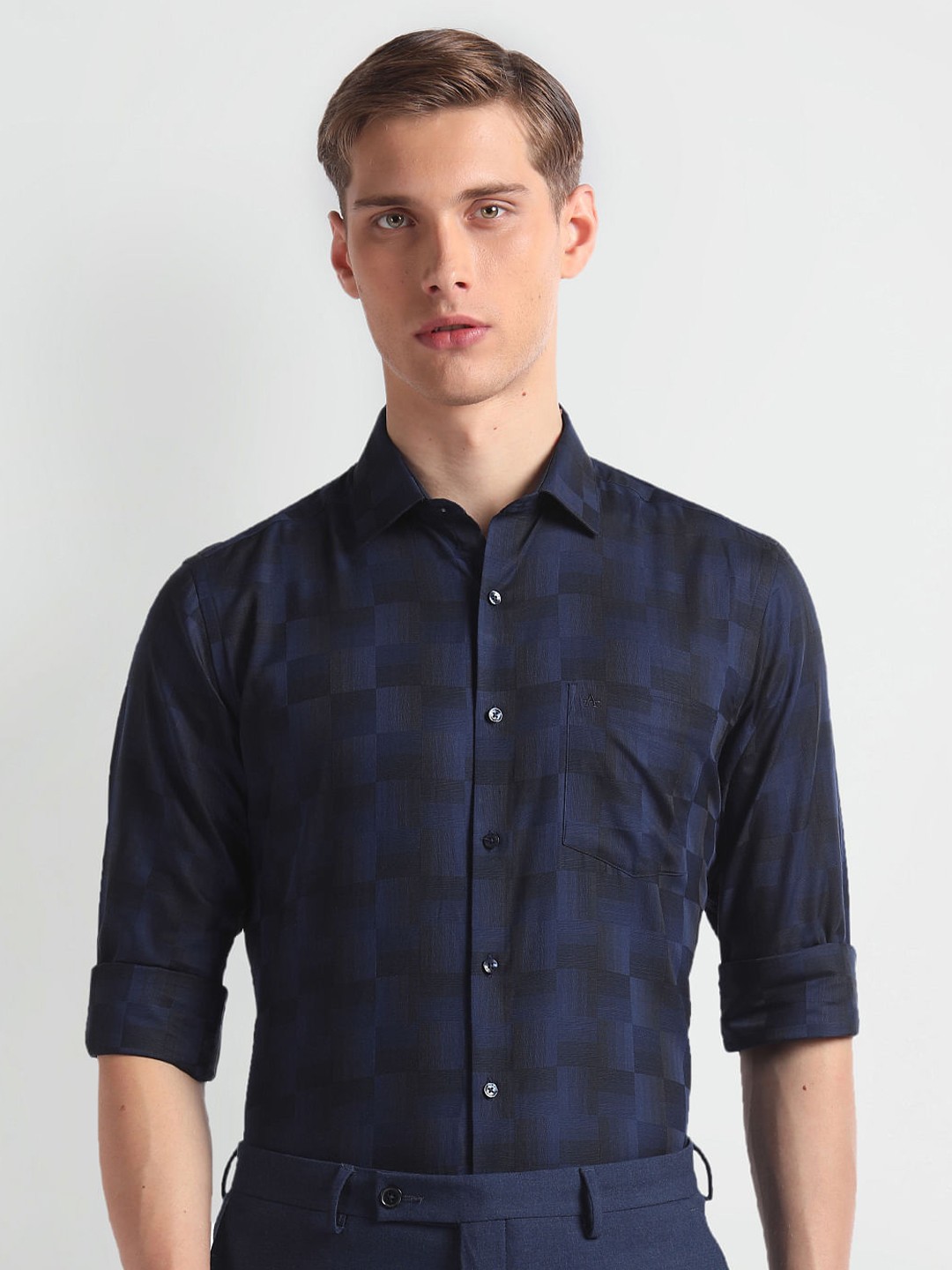 

Arrow Checked Spread Collar Pure Cotton Formal Shirt, Navy blue