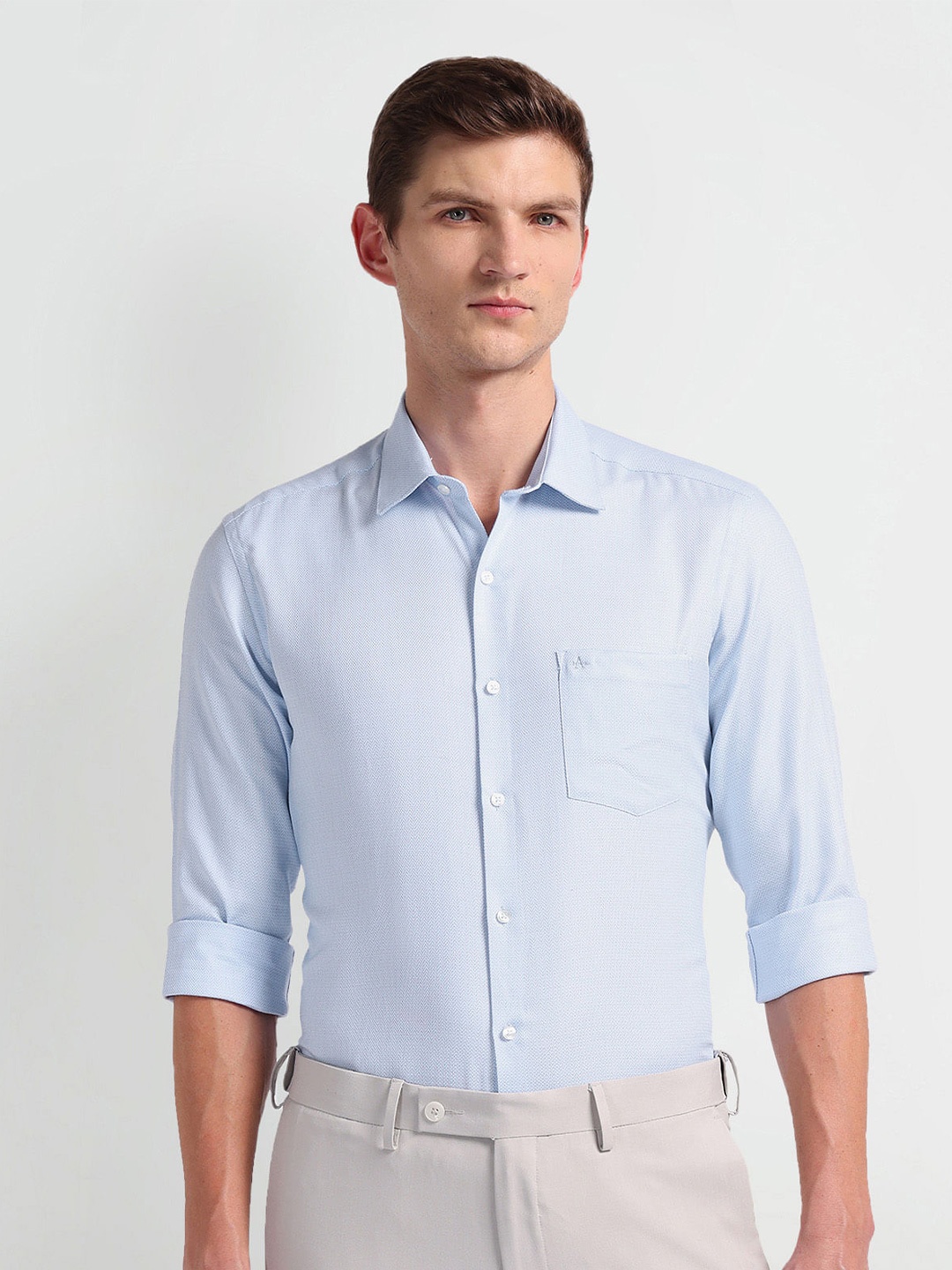 

Arrow Manhattan Slim Fit Geometric Self Design Spread Collar Formal Shirt, Blue