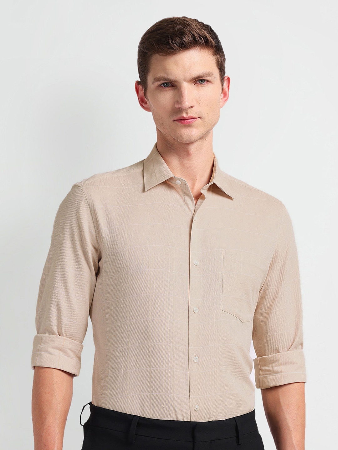 

Arrow Windowpane Checked Spread Collar Formal Shirt, Beige