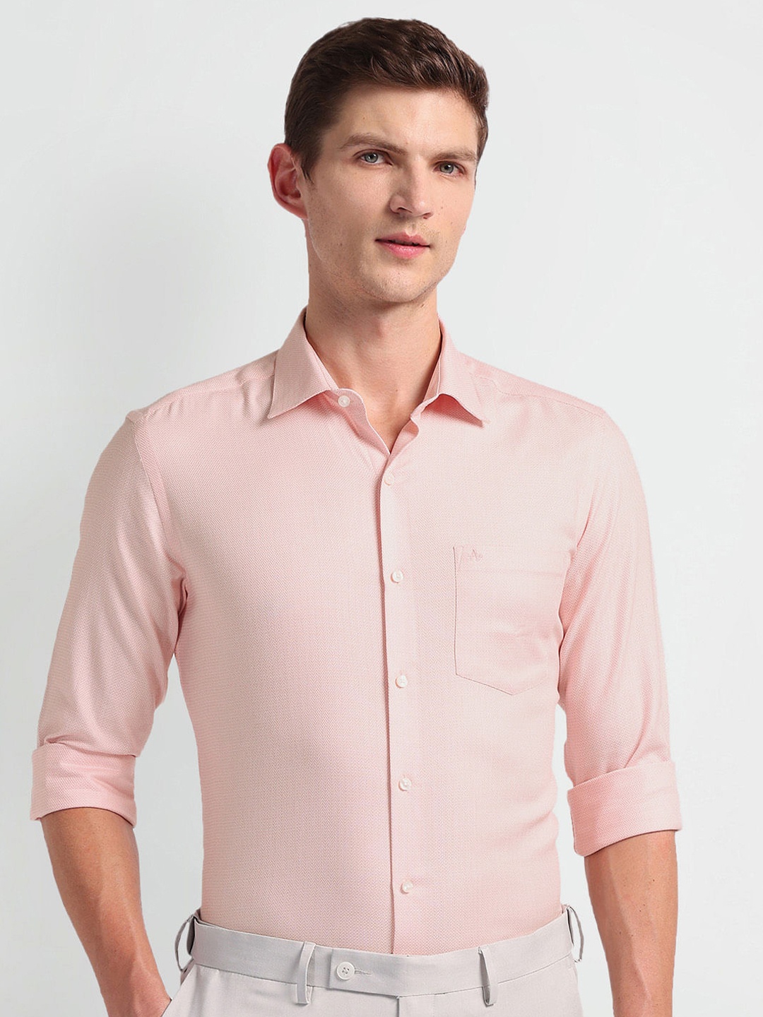 

Arrow Manhattan Slim Fit Geometric Self Design Spread Collar Formal Shirt, Peach