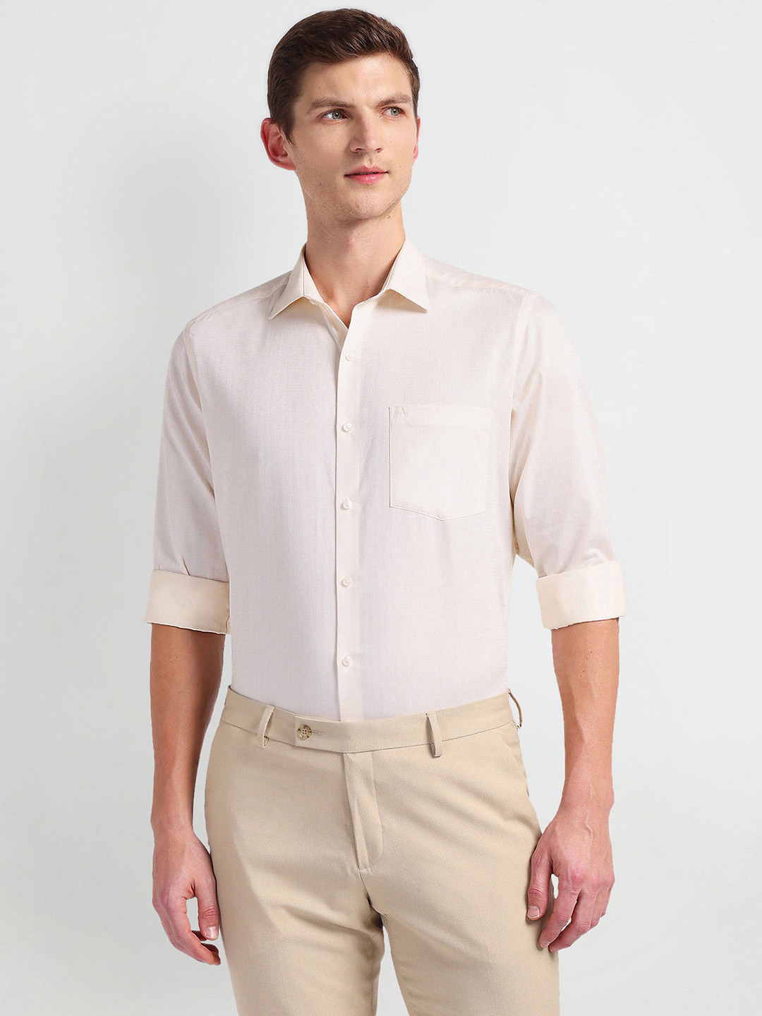 

Arrow Spread Collar Self Design Twill Formal Pure Cotton Shirt, Beige