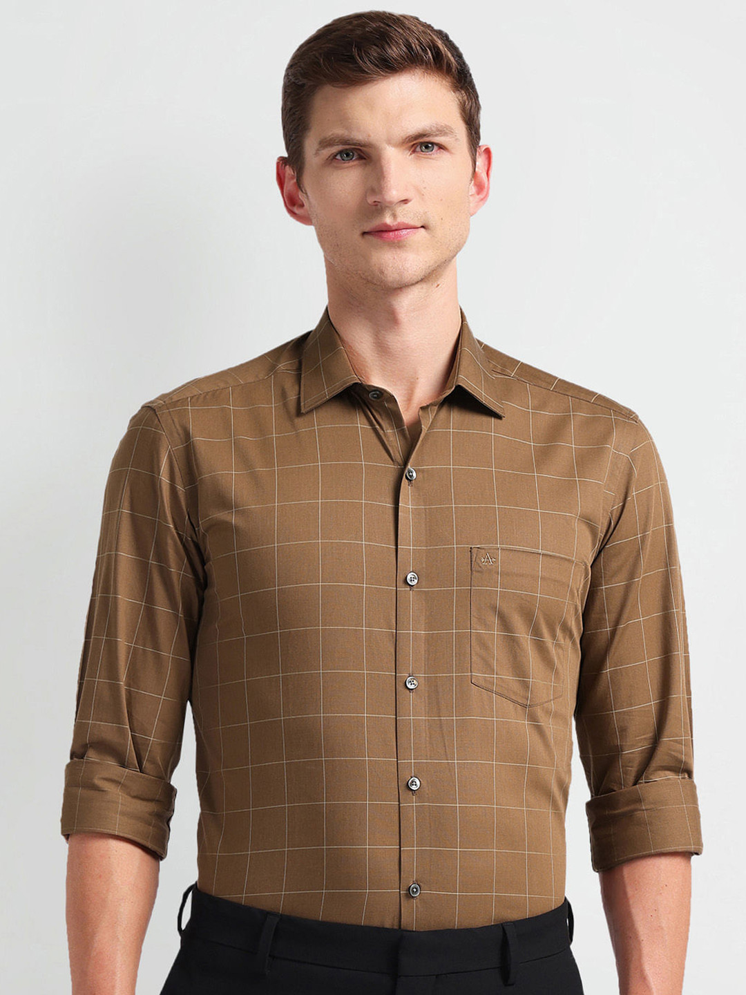 

Arrow Spread Collar Slim Fit Windowpane Checked Autopress Formal Shirt, Brown