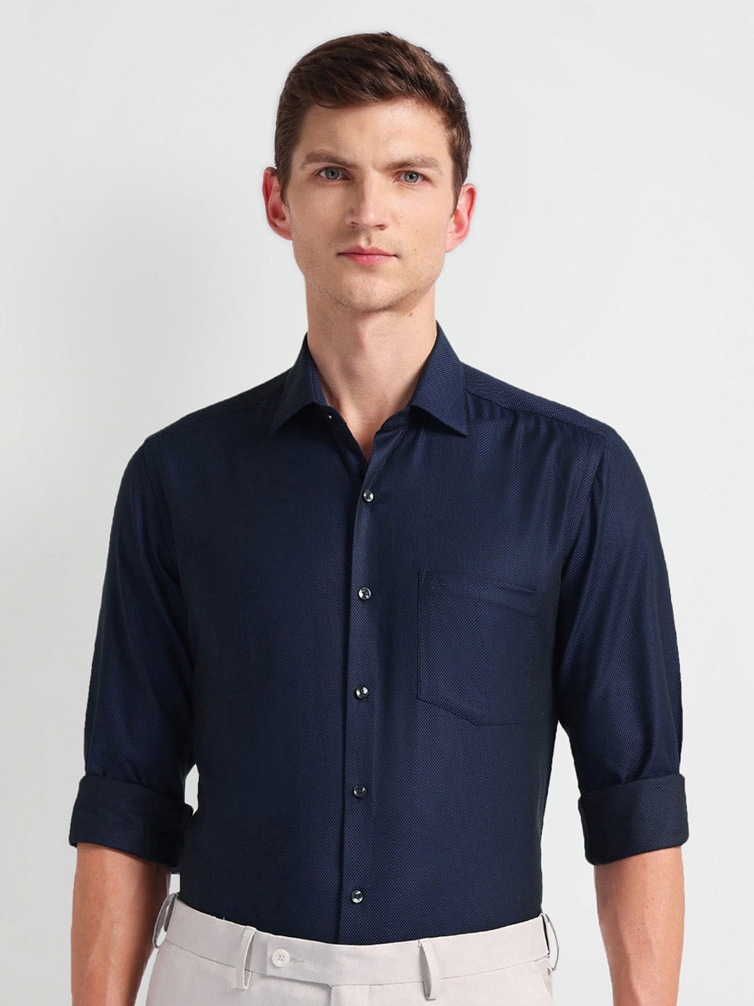 

Arrow Spread Collar Self Design Dobby Formal Pure Cotton Shirt, Navy blue