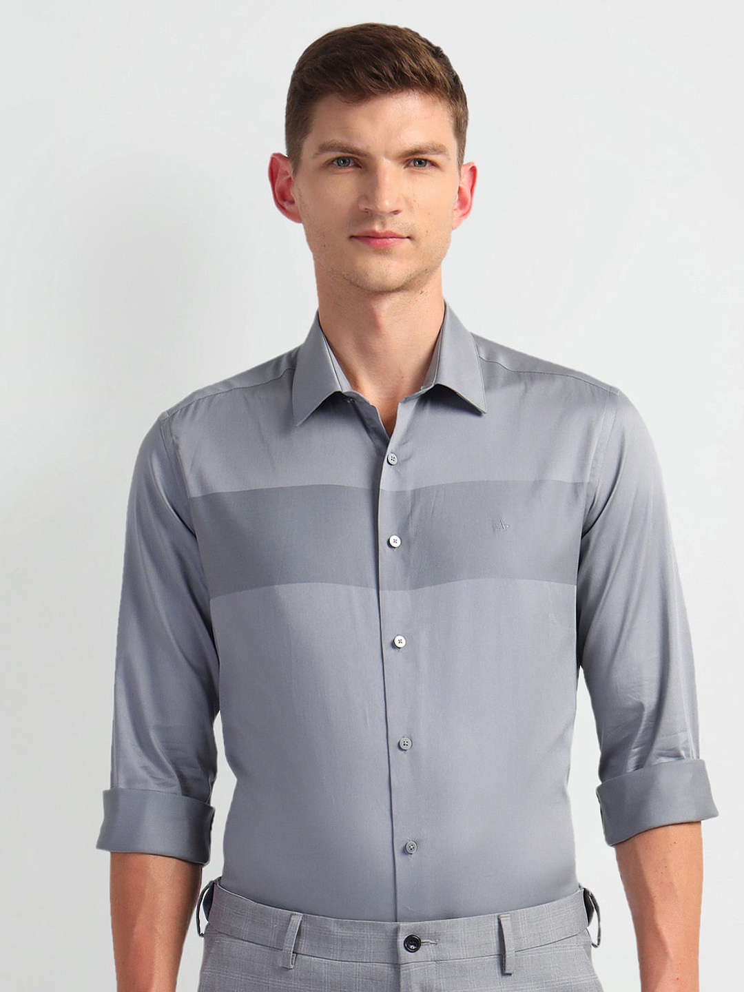 

Arrow New York Spread Collar Slim Fit Striped Formal Pure Cotton Shirt, Grey