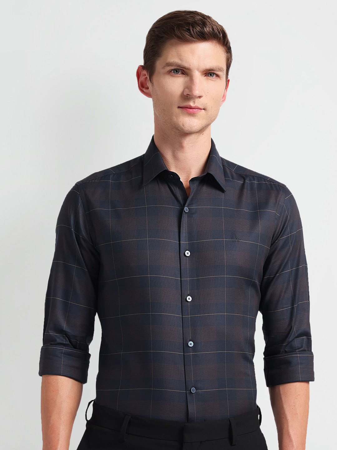 

Arrow New York Slim Fit Checked Long Sleeves Twill Formal Shirt, Navy blue