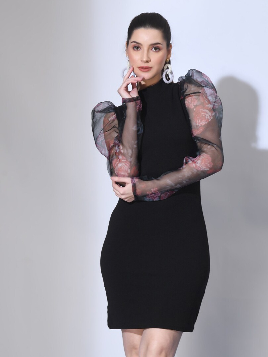 

IUGA High Neck Puff Sleeves Bodycon Dress, Black