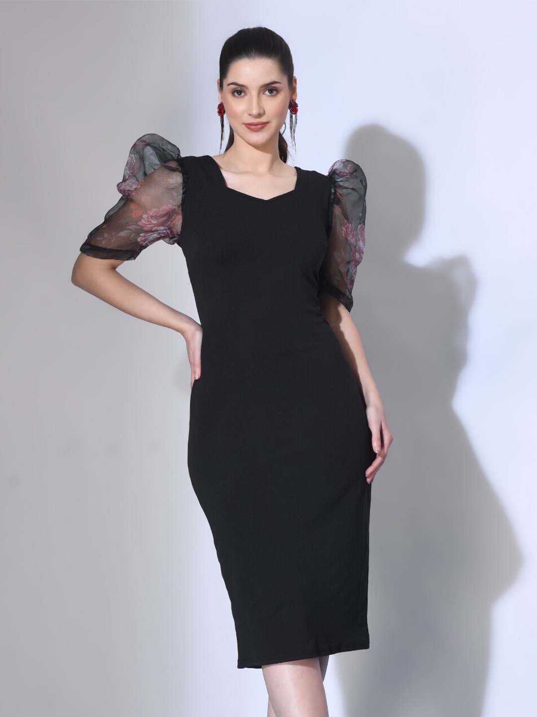 

IUGA Puff Sleeves Sheath Dress, Black