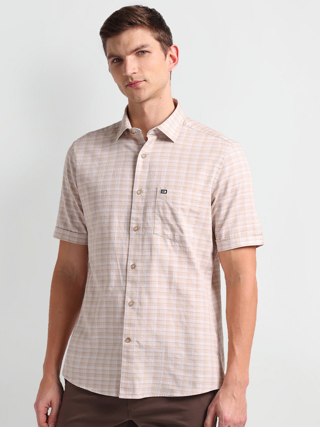 Arrow Sport Classic Fit Checked Pure Twill Casual Shirt, Beige