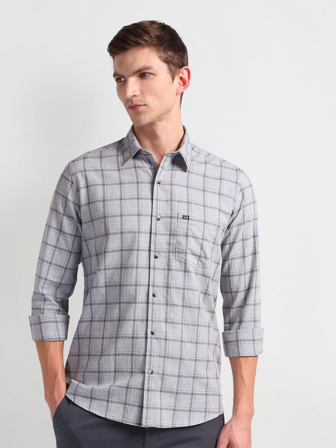 

Arrow Sport Slim Fit Windowpane Checked Spread Collar Pure Cotton Casual Shirt, Grey