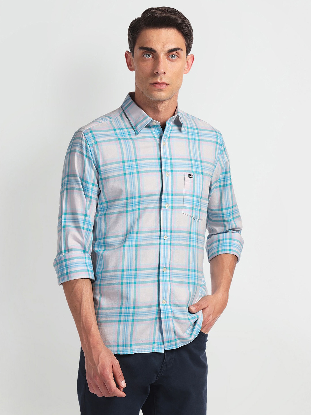 

Arrow Sport Slim Fit Tartan Checked Twill Casual Pure Cotton Shirt, Blue