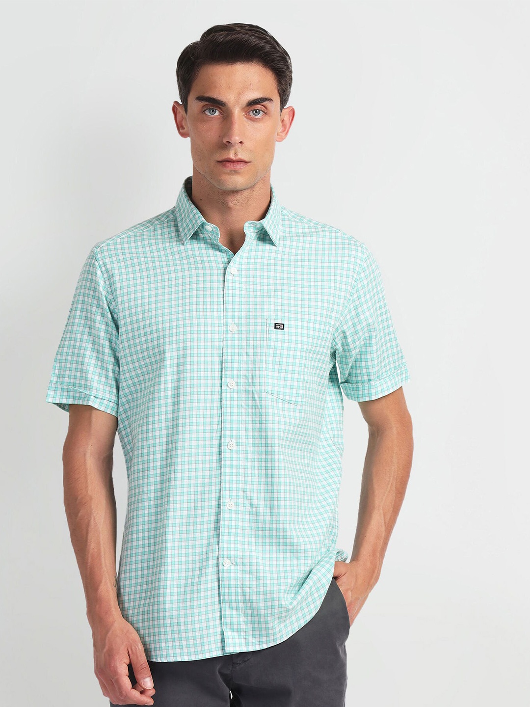 

Arrow Sport Gingham Checked Spread Collar Twill Weave Pure Cotton Casual Shirt, Blue