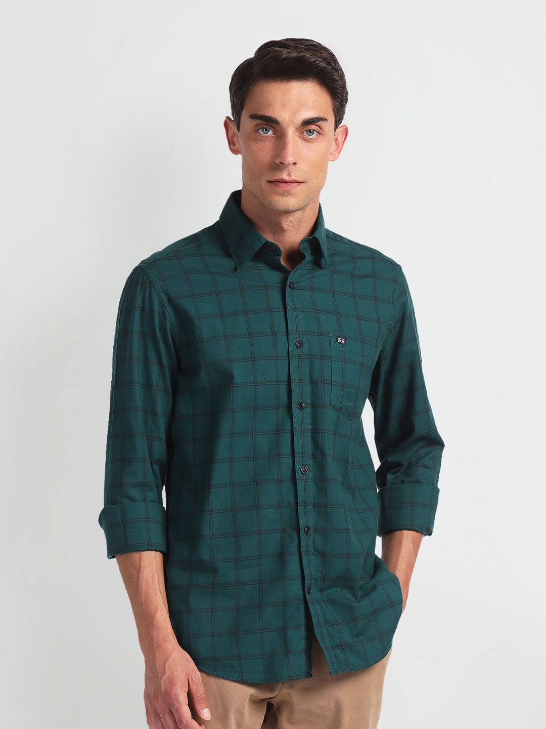 

Arrow Sport Slim Fit Windowpane Checked Twill Weave Pure Cotton Casual Shirt, Green