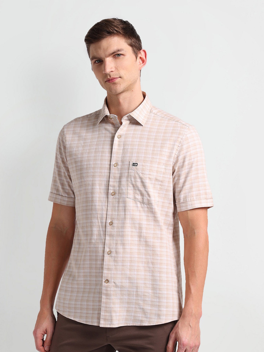 

Arrow Sport Checked Spread Collar Twill Weave Pure Cotton Casual Shirt, Beige