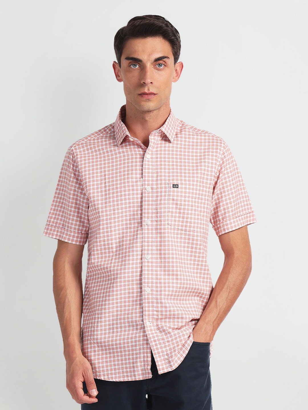 

Arrow Sport Opaque Checked Cotton Casual Twill Shirt, Pink