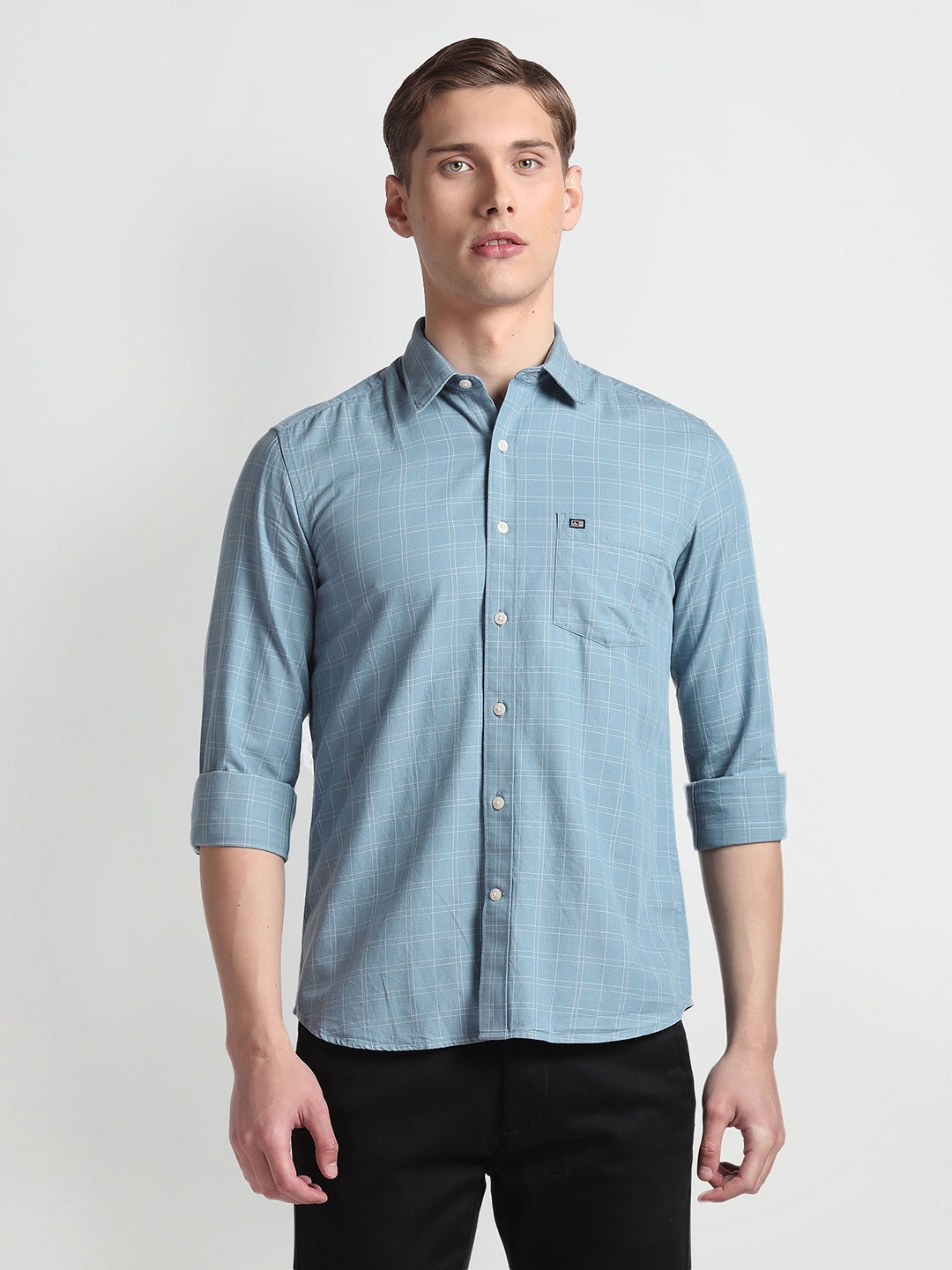 

Arrow Sport Slim Fit Checked Spread Collar Casual Shirt, Blue