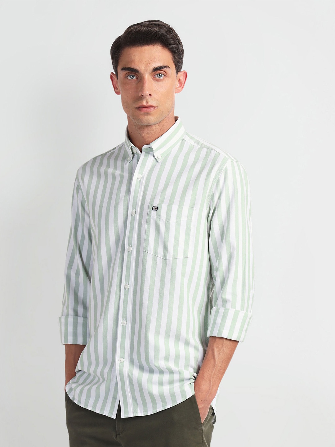 

Arrow Sport Slim Fit Opaque Striped Cotton Casual Twill Shirt, Green