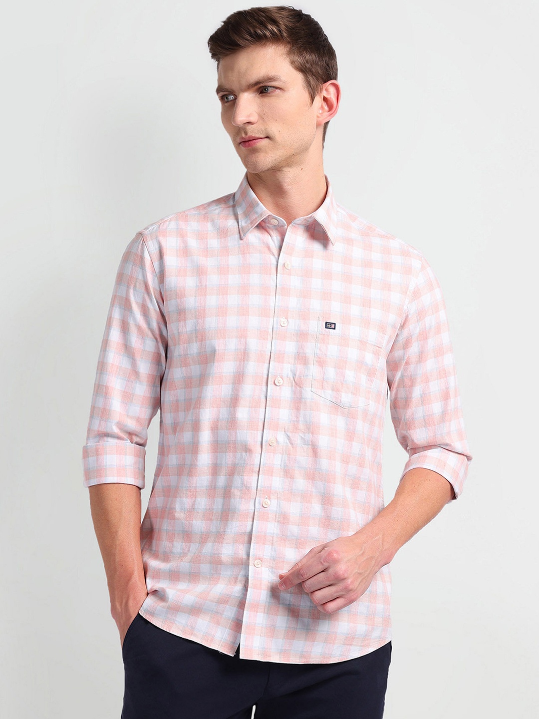 

Arrow Sport Slim Fit Checked Spread Collar Casual Shirt, Pink