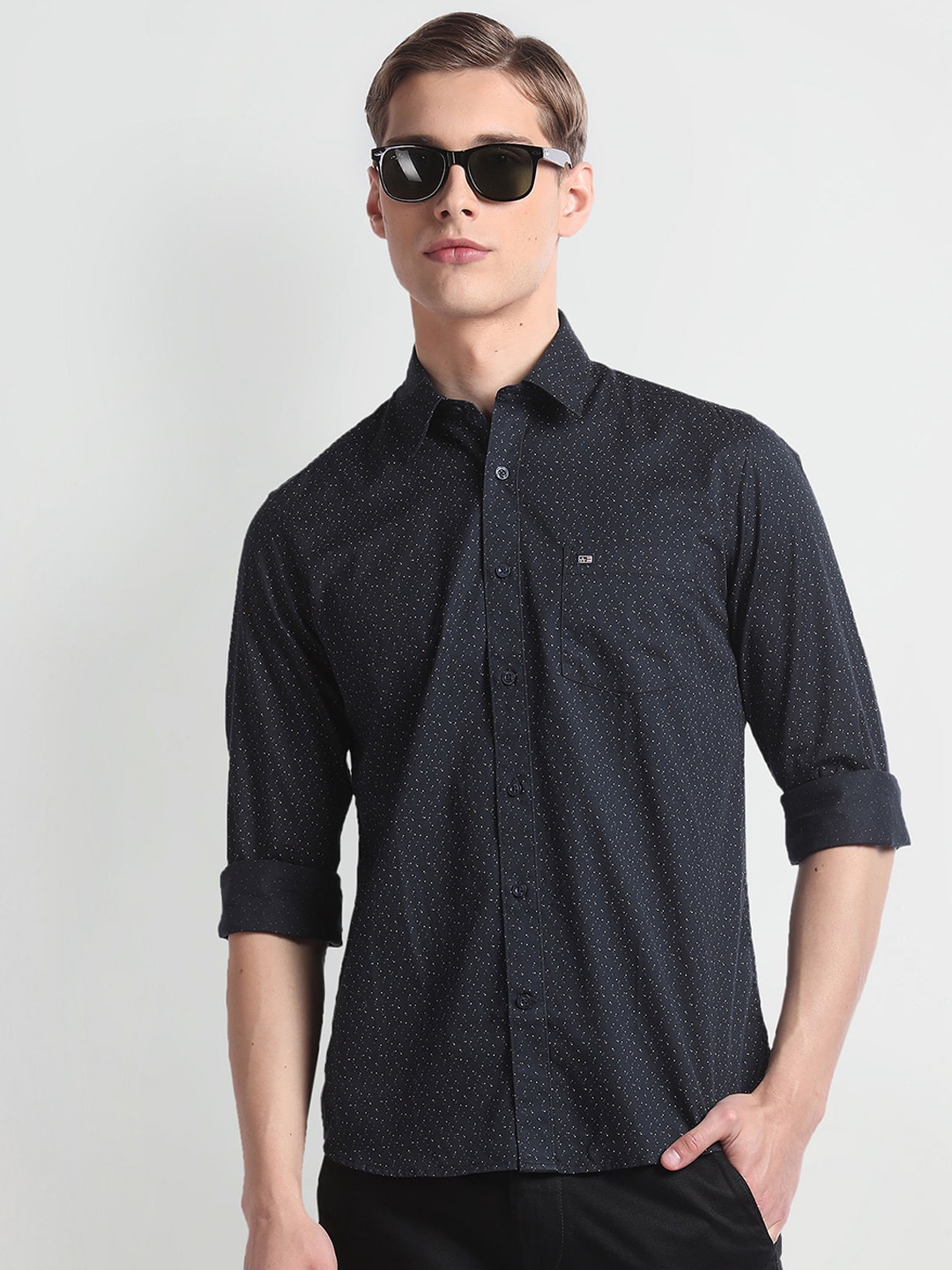 

Arrow Sport Slim Fit Micro Ditsy Printed Twill Casual Pure Cotton Shirt, Navy blue