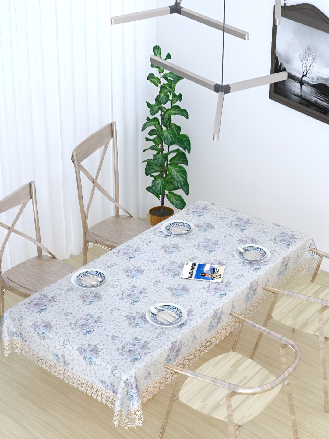 

MONKDECOR White & Blue Floral Printed Cotton 8 Seater Table Cover With Lace Details