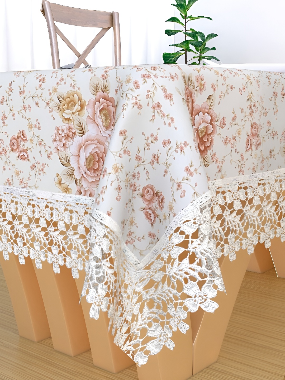 

MONKDECOR White & Brown Floral Printed Cotton 4 Seater Table Cover With Lace Details