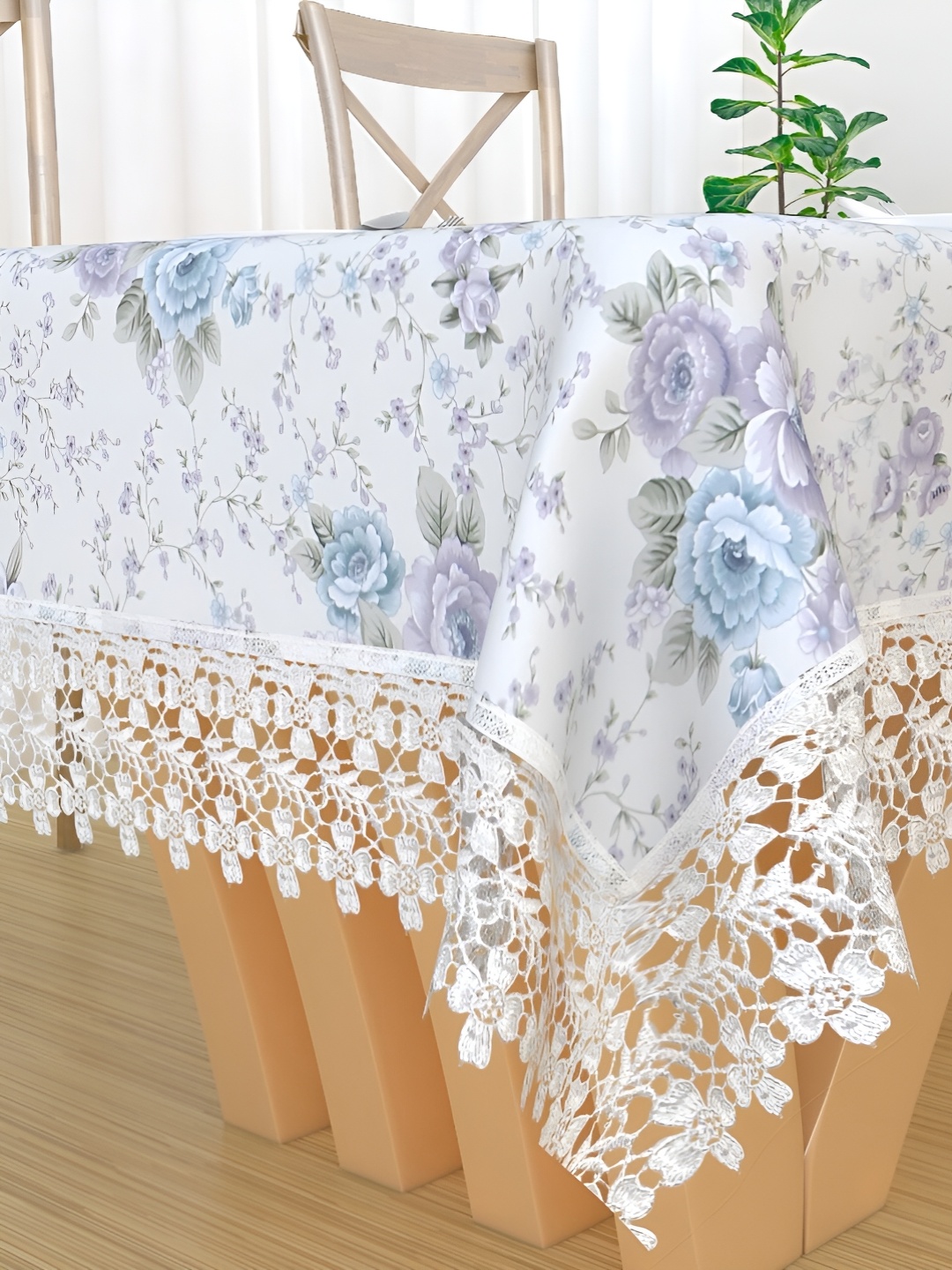 

MONKDECOR White & Blue Floral Printed Cotton 4 Seater Table Cover With Lace Details