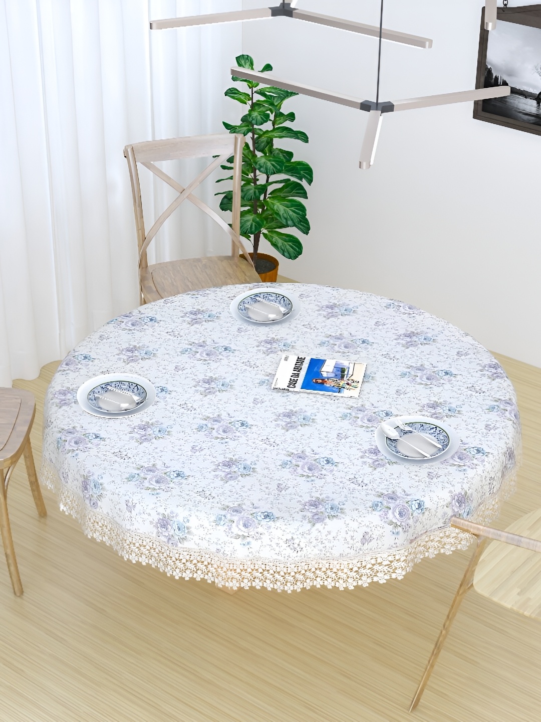 

MONKDECOR White & Blue Floral Printed Cotton 2 Seater Table Cover With Lace Details