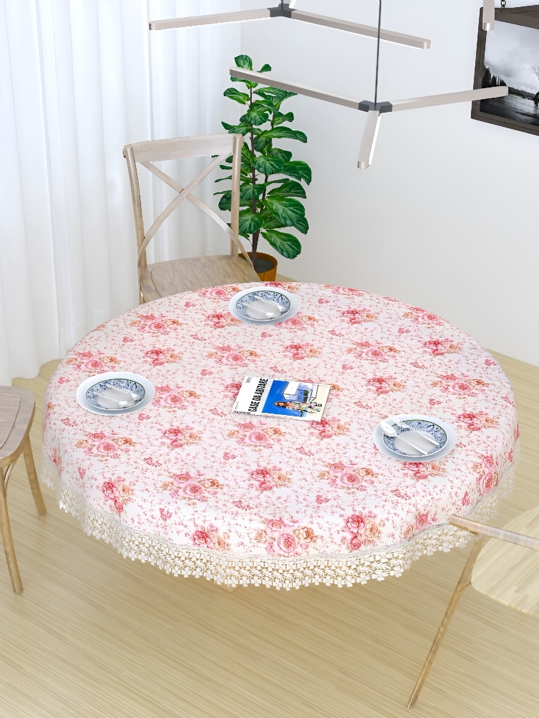 

MONKDECOR White & Pink Floral Cotton Round 4 Seater Table Cover