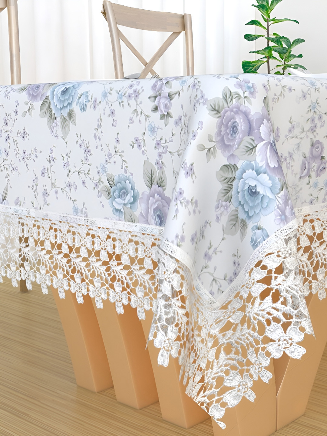 

MONKDECOR White & Blue Floral Printed Cotton 2 Seater Table Cover With Lace Details