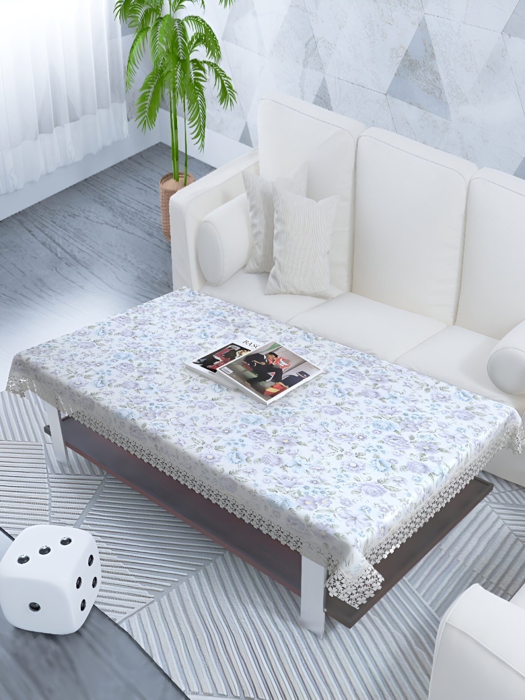 

MONKDECOR White & Blue Floral Printed Cotton 2 Seater Table Cover With Lace Details