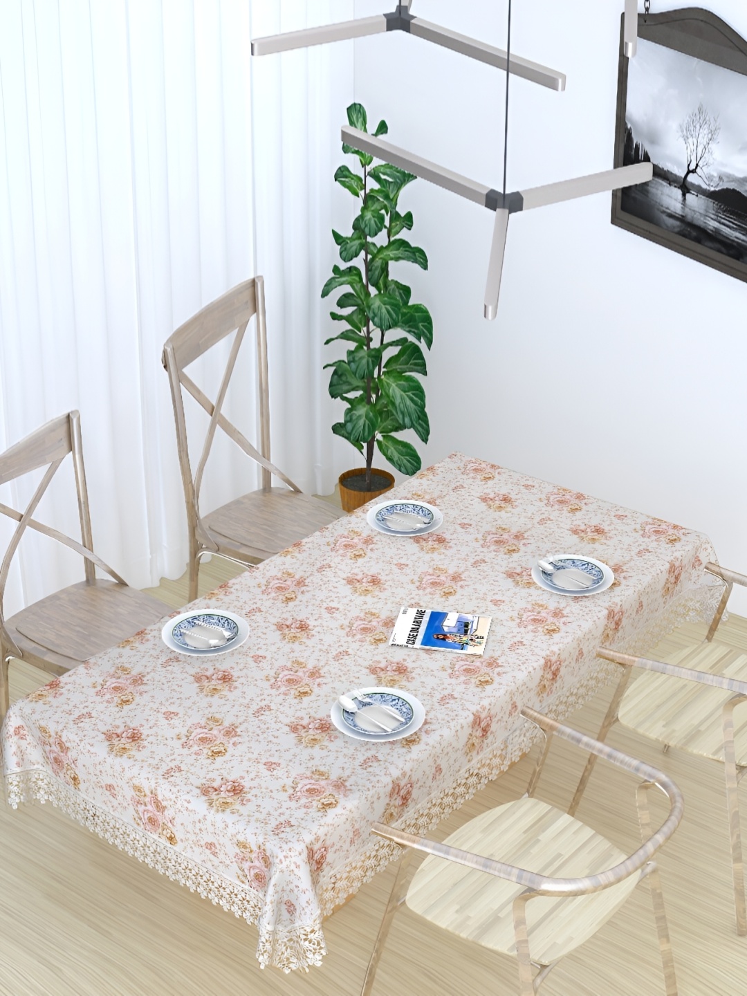

MONKDECOR White & Pink Floral Printed Cotton 8 Seater Table Cover With Lace Details