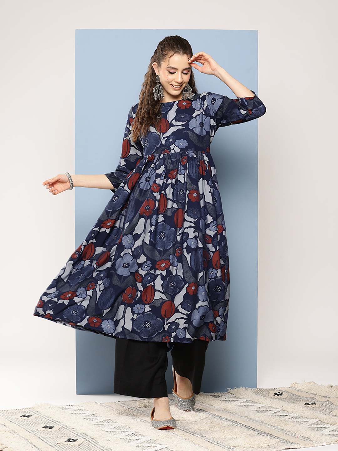 

Aarika Women Floral Printed A-Line Kurta, Navy blue