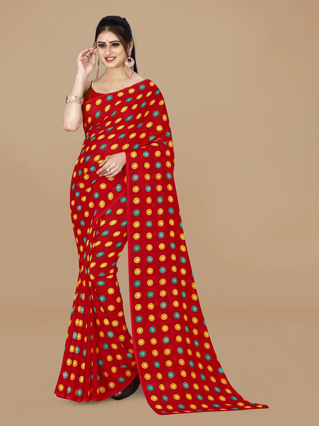 

ANAND SAREES Polka Dot Printed Saree, Red