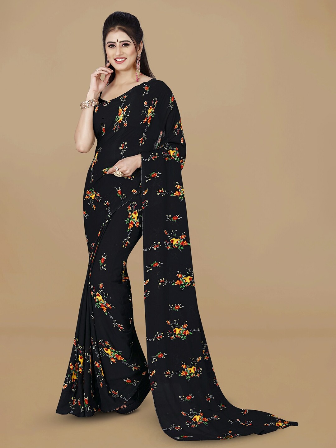 

ANAND SAREES Floral Printed Saree, Black