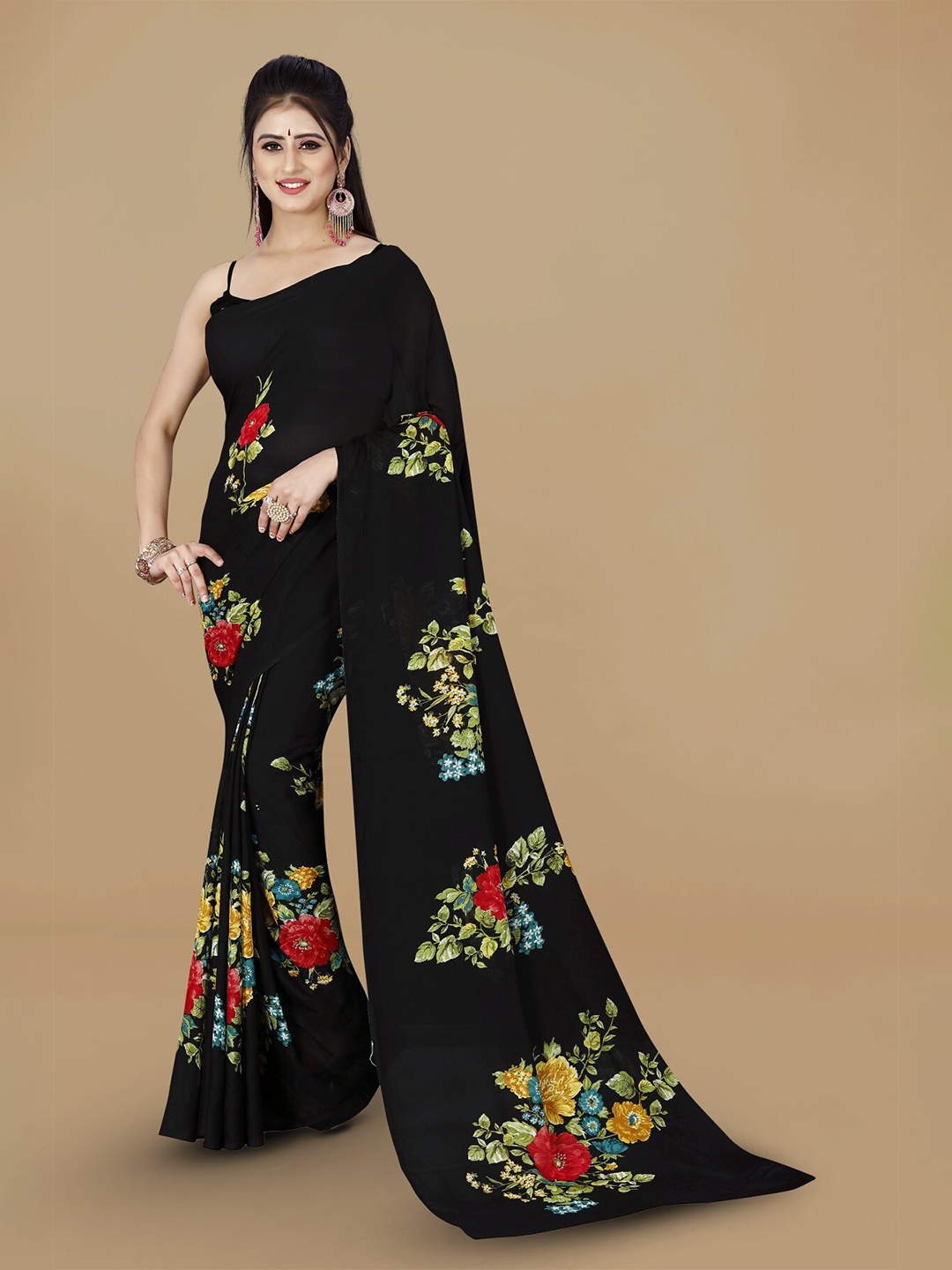 

ANAND SAREES Floral Printed Saree, Black
