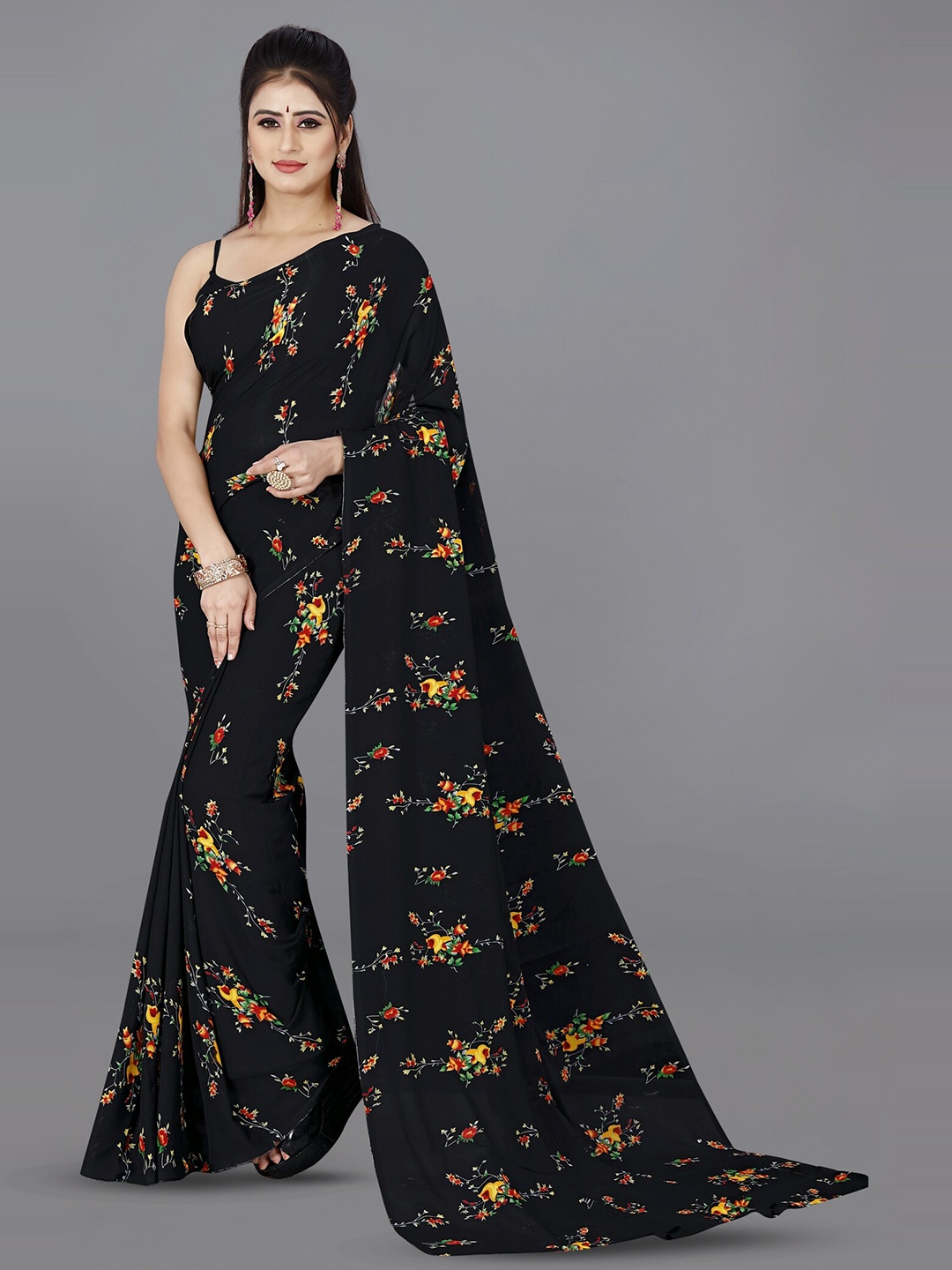 

ANAND SAREES Floral Printed Saree, Black